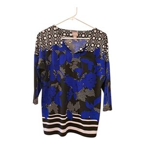 Chico's floral Top Blouse Black and Blue Geometric casual summer size 1